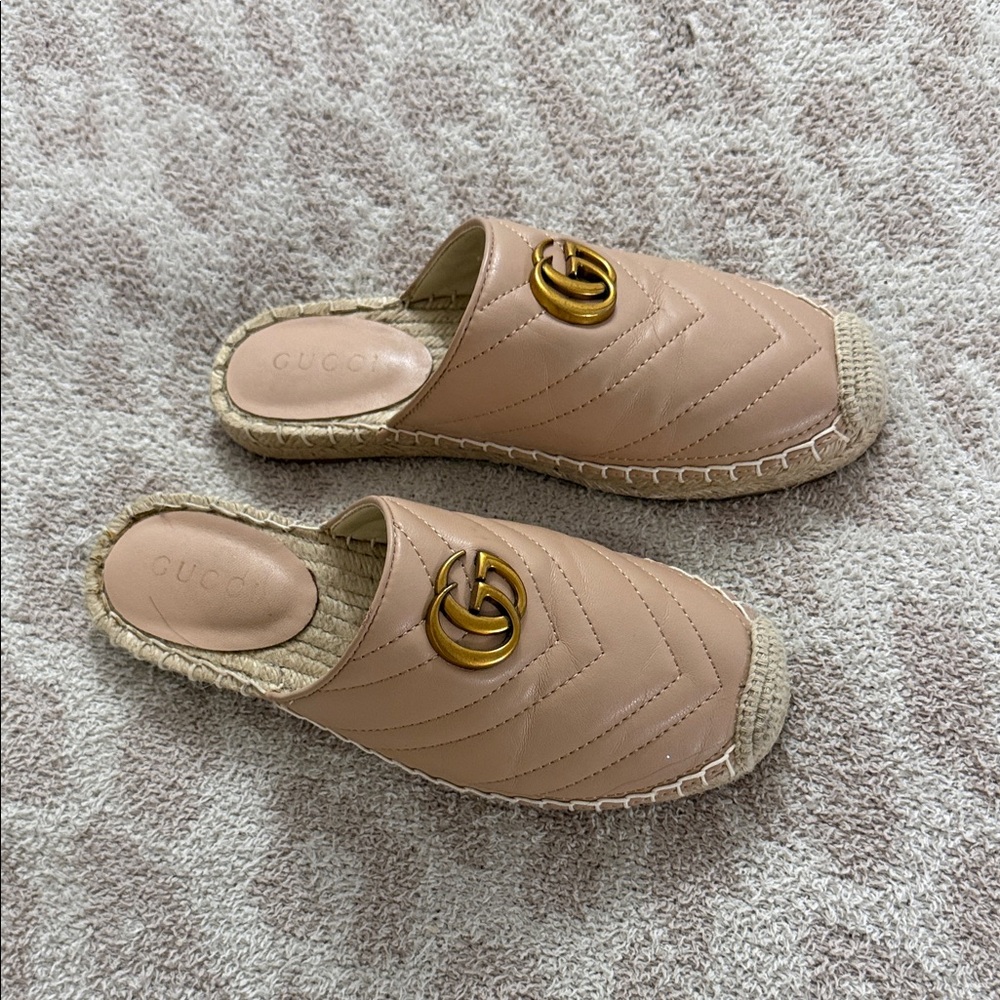Gucci Espadrille Slide Mules with Gold GG Logo